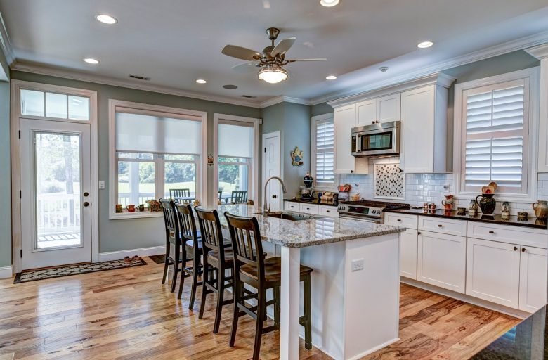 Beautiful kitchen interior with white cabinets.